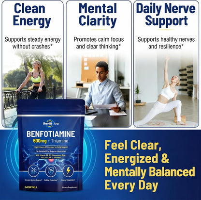 Vitamin B1 Benfotiamine 600mg Softgels, Thiamine HCl Supplements with Magnesium, Zinc, L-Theanine, ALA, Acetyl-L-Carnitine for Energy & Nervous System Support, Non-GMO, 240 Softgels Capsules