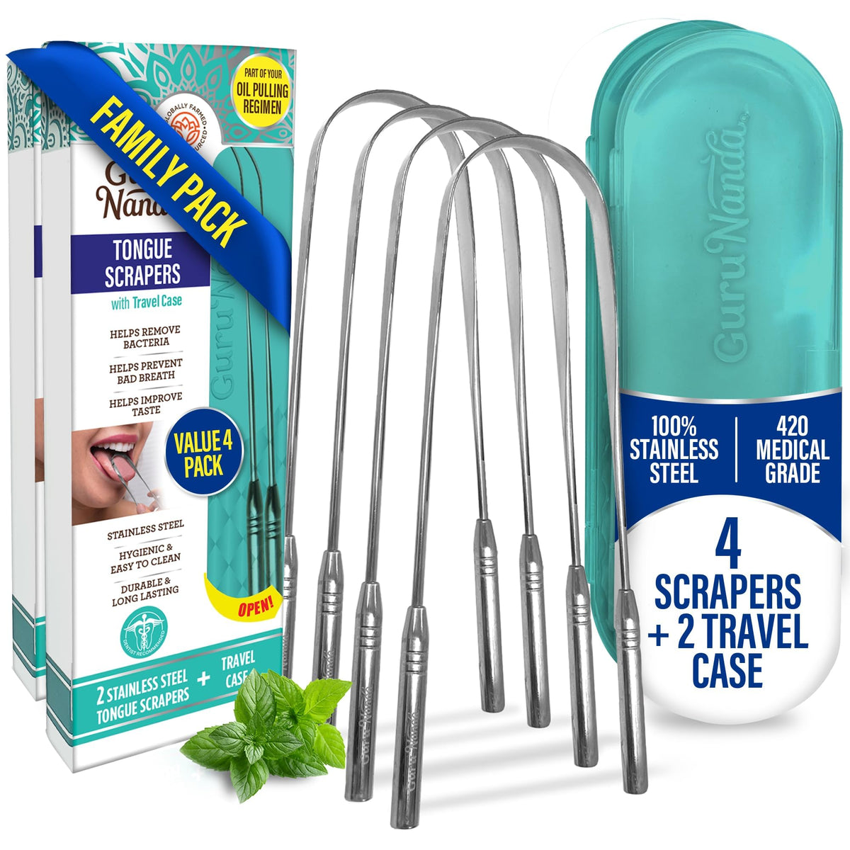 GuruNanda Tongue Scraper for Adults, Bad Breath Treatment, Gag Free, 4 ct