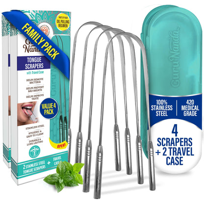 GuruNanda Tongue Scraper for Adults, Bad Breath Treatment, Gag Free, 4 ct
