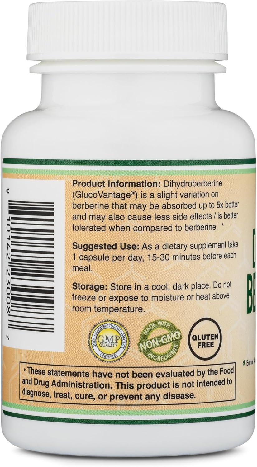 Dihydroberberine Supplement 100mg, 60 Capsules (Patented GlucoVantage Super Berberine, May be 5X More Effective Than Berberine with Less Side Effects) Third Party Tested, Vegan Safe by Double Wood