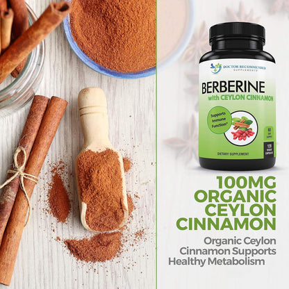 DOCTOR RECOMMENDED SUPPLEMENTS Berberine with Ceylon Cinnamon - 1200mg Berberine & 100mg Organic Ceylon Cinnamon - 120 Veggie Capsules, Healthy Immune System & Gastrointestinal Wellness