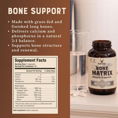HEART & SOIL Grass Fed Bone Matrix, 180 Capsules | Supports bone and joint health, strength, and flexibility.