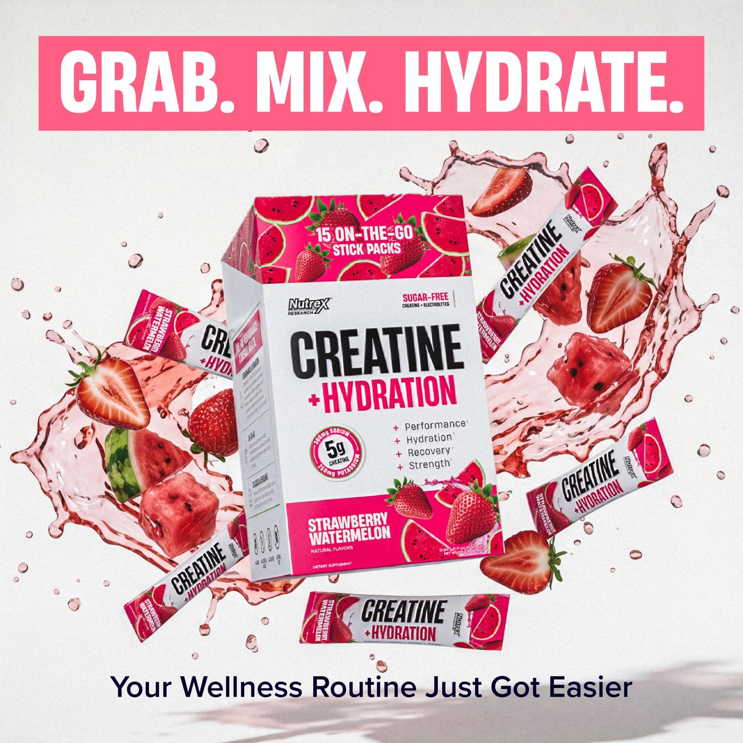 Nutrex Research Essentials Creatine + Hydration Stick Packs, 5g Creatine + Electrolytes, Sugar Free, Gluten Free, Strawberry Watermelon, 15 On-The-Go Stick Packs