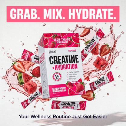 Nutrex Research Essentials Creatine + Hydration Stick Packs, 5g Creatine + Electrolytes, Sugar Free, Gluten Free, Strawberry Watermelon, 15 On-The-Go Stick Packs