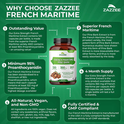 Zazzee Extra Strength French Maritime Pine Bark Extract 20:1, 350 mg Per Capsule, 95% Proanthocyanidins, 180 Vegan Capsules, 6 Month Supply, Certified Kosher, Antioxidant Support, Non-GMO, Made in USA