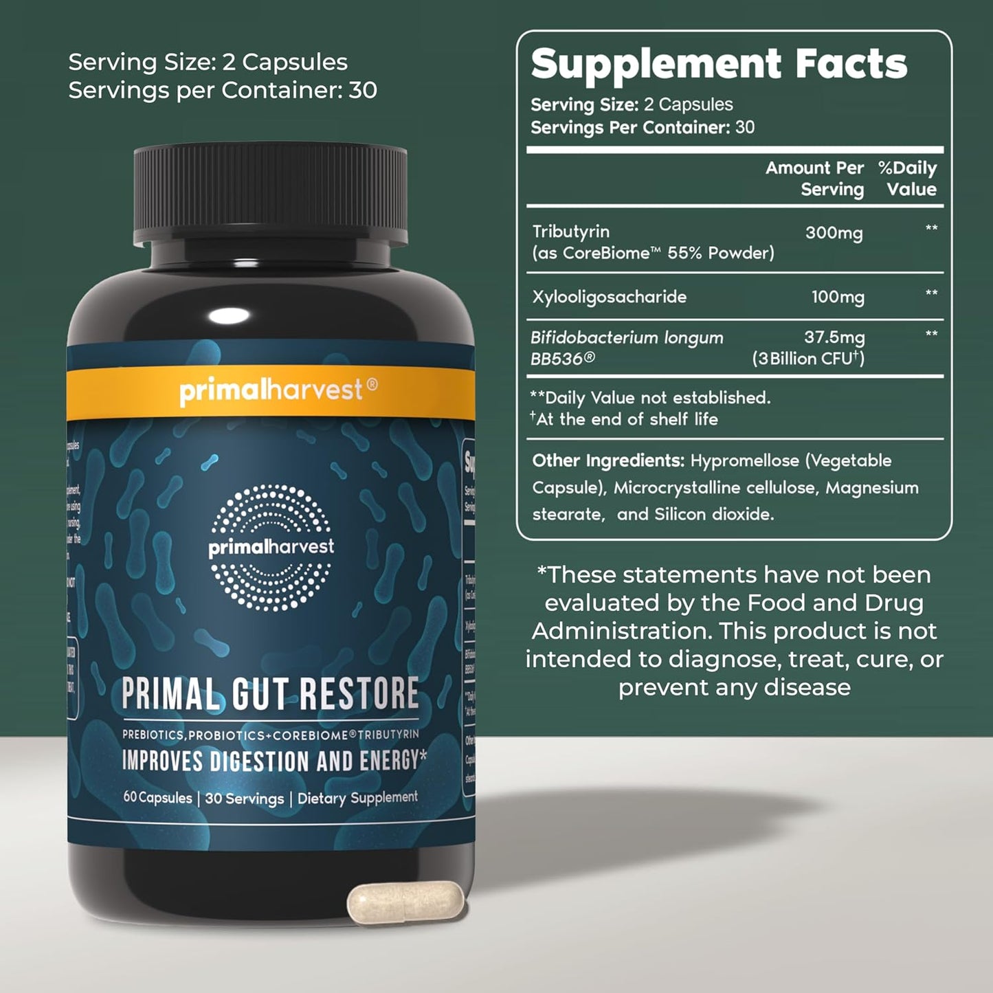 Primal Harvest Probiotics & Gut Health Supplements for Women and Men Pre and Probiotics with 31 Billion CFU and Gut Restore Digestion Pills Bundle