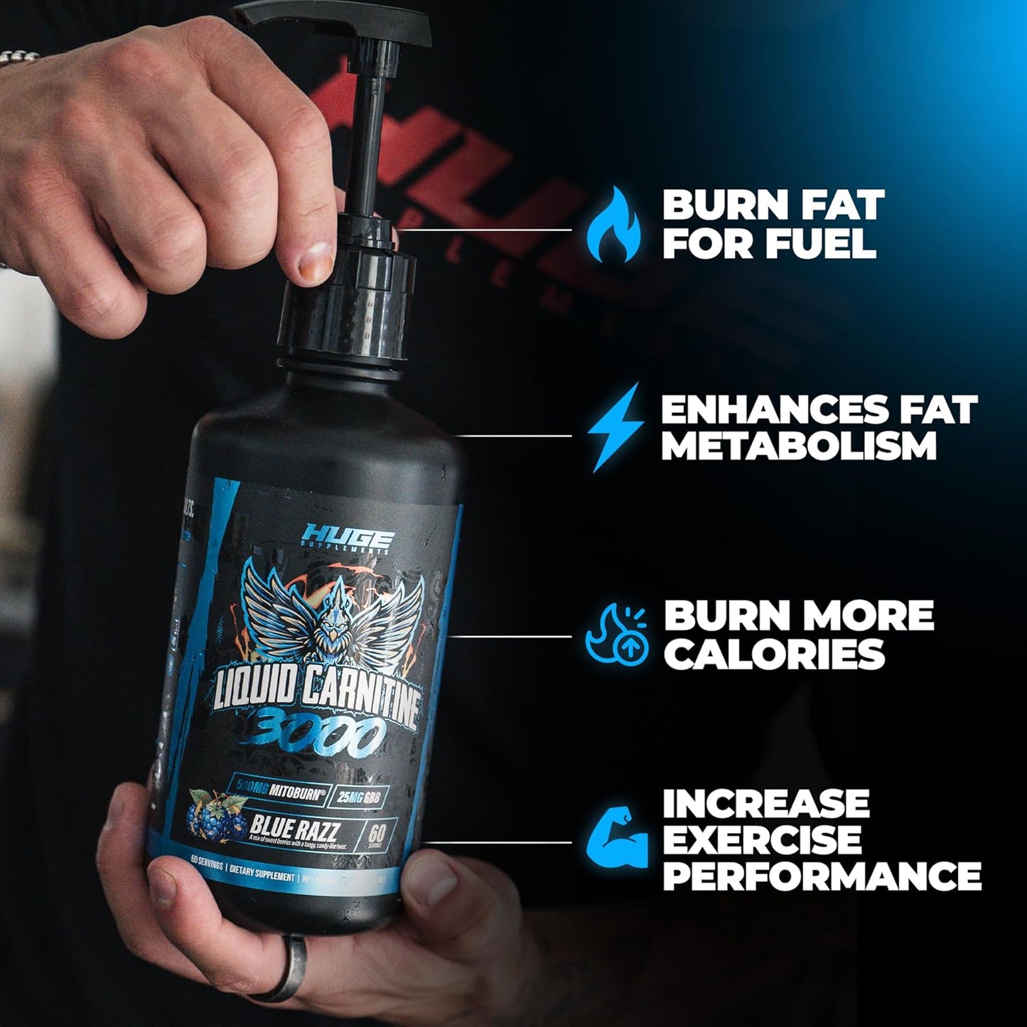 Huge Supplements Liquid L-Carnitine 3000, Superior Potency Infused with 500mg MitoBurn & 25mg GBB, Premium Stim-Free & Energy Boost, Convenient Pump Top, 32 Oz (60 Servings)