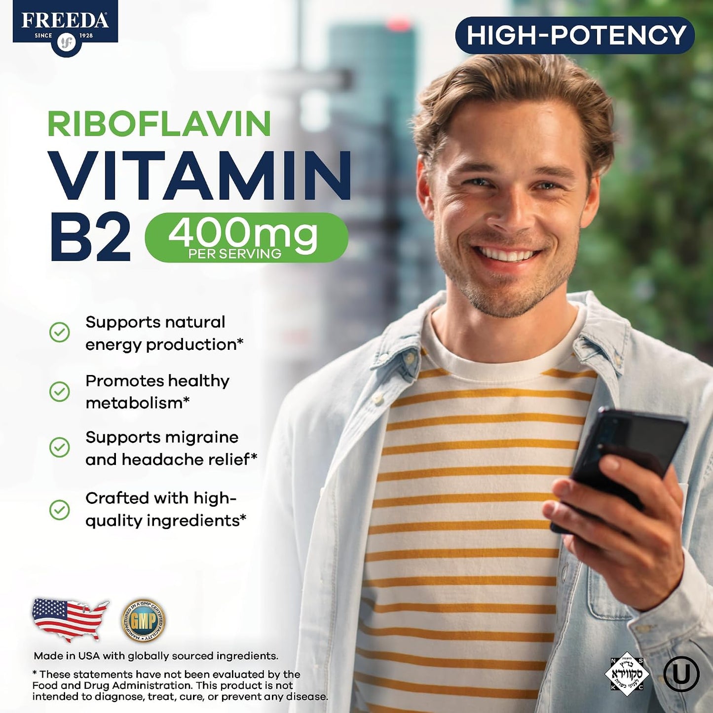 FREEDA Vitamin B2 400mg Riboflavin Supplement - 60 Vegan Tablets | High-Potency B2 Vitamin with Riboflavin-5-Phosphate to Support Energy, Metabolism, & Nervous System Health