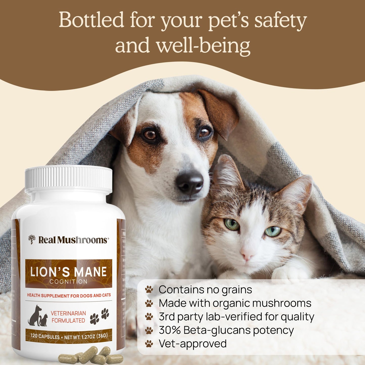Real Mushrooms Lion’s Mane Pet Mushroom Supplement – Pet Wellbeing Capsules – for Cat & Dog Supplement & Vitamins – Support Mindful Routines – Organic, Vegan, Non-GMO, 120 Count