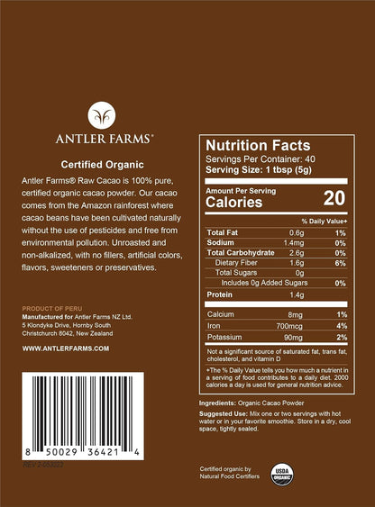 Antler Farms - 100% Pure Organic Raw Cacao Powder, 40 servings, 200g - Vegan, Gluten Free, Cultivated Naturally in Amazon Rainforest, Certified USDA Organic | 100% Pure, Vegan, Gluten Free, Cultivated Naturally in Amazon Rainforest, Certified USDA Organic