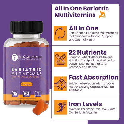 ProCare Health Easy-45 Bariatric Multivitamin | Citrus Grove Tablets | 90ct | Once Daily Tablets for Gastric Bypass Sleeve & Post-Op Support Pills for Sleeve Patients & Sustains Recovery, Easy to Swallow