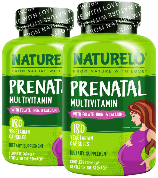 NATURELO Prenatal Multivitamin with Gentle Chelated Iron, Methyl Folate, Plant Calcium & Choline - Vegan, Vegetarian - Non-GMO - Gluten Free - 180 Capsules - 2 Month Supply