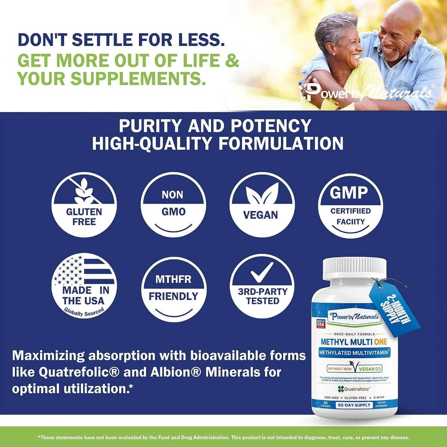 Power By Naturals Methyl Multi One – Iron-Free Methylated Multivitamin with 5-MTHF, Methyl B12 & CoQ10 – Methylation Support for Men & Women – Vegan, Non-GMO – 60 Capsules (2-Month Supply) | With 5-MTHF, Methyl B12 & CoQ10 - Methylation Daily Support for