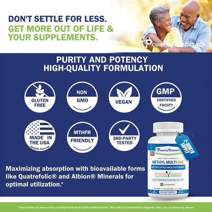 Power By Naturals Methyl Multi One – Iron-Free Methylated Multivitamin with 5-MTHF, Methyl B12 & CoQ10 – Methylation Support for Men & Women – Vegan, Non-GMO – 60 Capsules (2-Month Supply) | With 5-MTHF, Methyl B12 & CoQ10 - Methylation Daily Support for