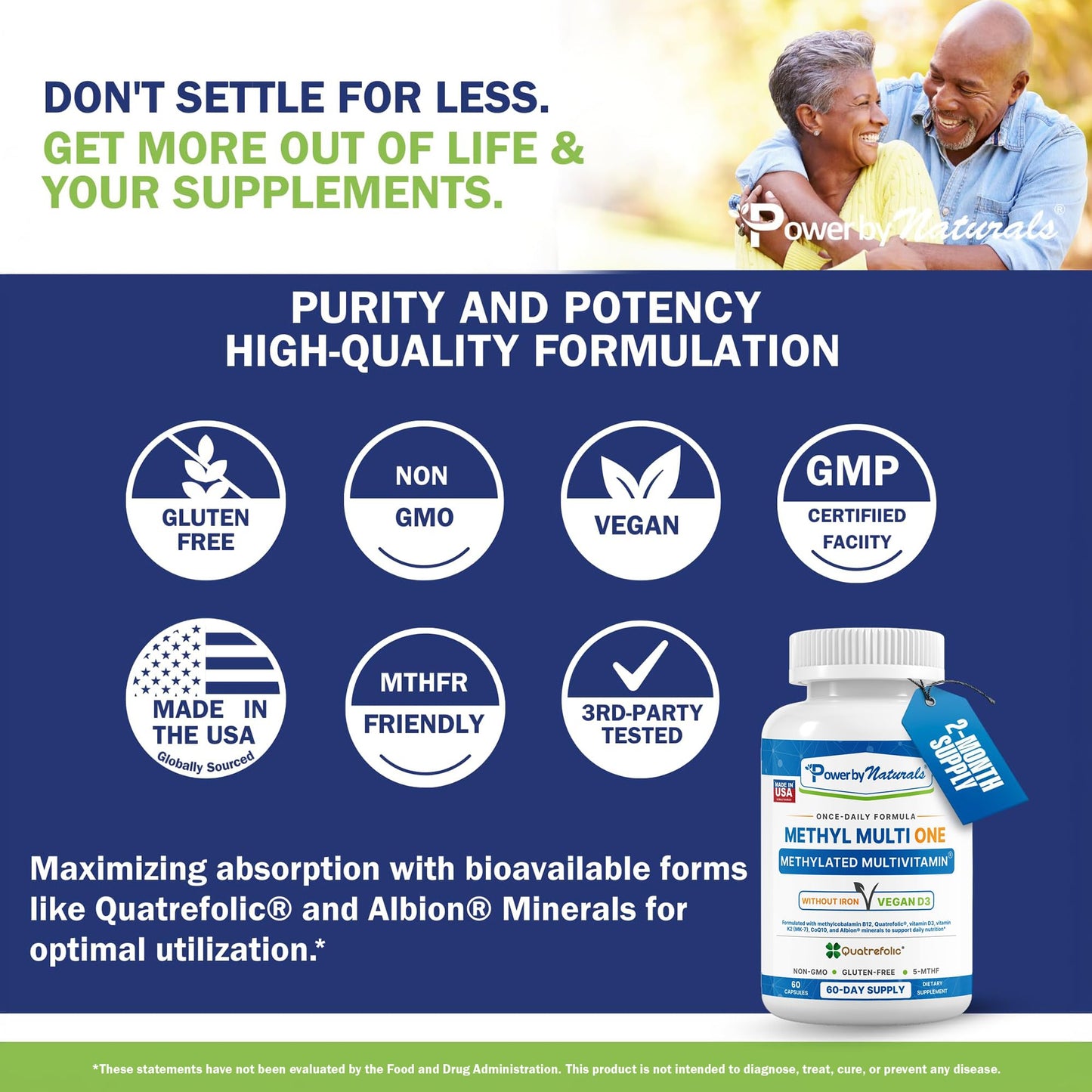 Power By Naturals Methyl Multi One – Iron-Free Methylated Multivitamin with 5-MTHF, Methyl B12 & CoQ10 – Methylation Support for Men & Women – Vegan, Non-GMO – 60 Capsules (2-Month Supply) | With 5-MTHF, Methyl B12 & CoQ10 - Methylation Daily Support for