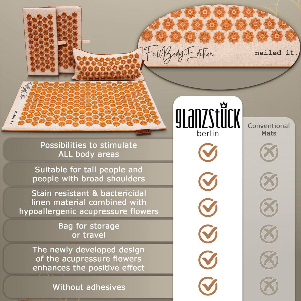 Glanzstück Berlin® Health Collection XXL Acupressure Mat Set for Full Body for Tension Headaches
