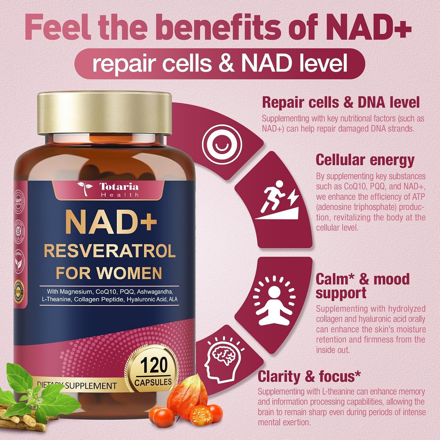 Totaria NAD+ Supplement for Women - NAD Trans-Resveratrol Supplement with Magnesium,CoQ10,PQQ, Ashwagandha,Collagen Peptide - NMN & NMNH Alternative - Cellular Renewal & Energy - 120 Capsules