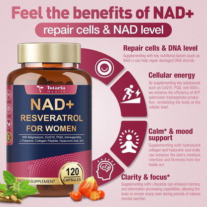 Totaria NAD+ Supplement for Women - NAD Trans-Resveratrol Supplement with Magnesium,CoQ10,PQQ, Ashwagandha,Collagen Peptide - NMN & NMNH Alternative - Cellular Renewal & Energy - 120 Capsules