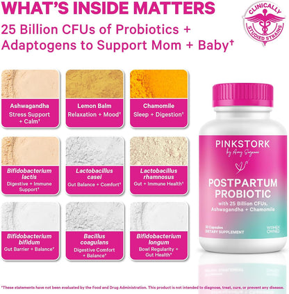 Pink Stork Probiotics for Postnatal Women - 30 Billion CFUS with Ashwagandha and Chamomile, Postpartum Essentials for Hormone Balance, Mood Support, Gut Health, Digestive Wellness, 30 Capsules