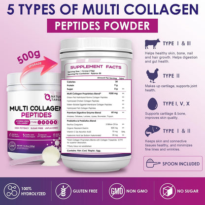 NATURE TARGET Multi Collagen Peptides Powder, 50 Servings | Type I, II, III, V, X, Hydrolyzed Collagen Peptides with Vitamin C, Hyaluronic Acid, Supports Skin Hair Nail & Joint, Non-GMO