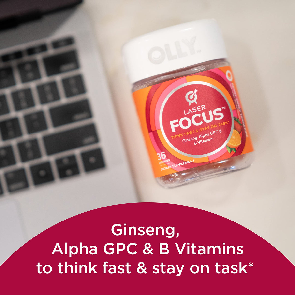 OLLY Laser Focus Gummy, Ginseng, Alpha GPC, B Vitamins, Berry Tangerine Flavor