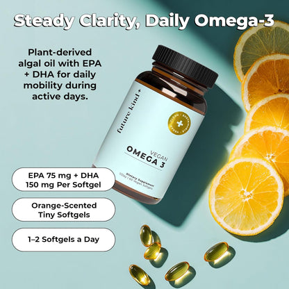 Future Kind Omega-3 Supplement for Clarity, Memory, and Mobility Comfort, 2 Months Supply of Citrus-Scented Softgels with EPA and DHA, Vegan Omega-3 Supplement from Algae, Carrageenan Free, 60 Count