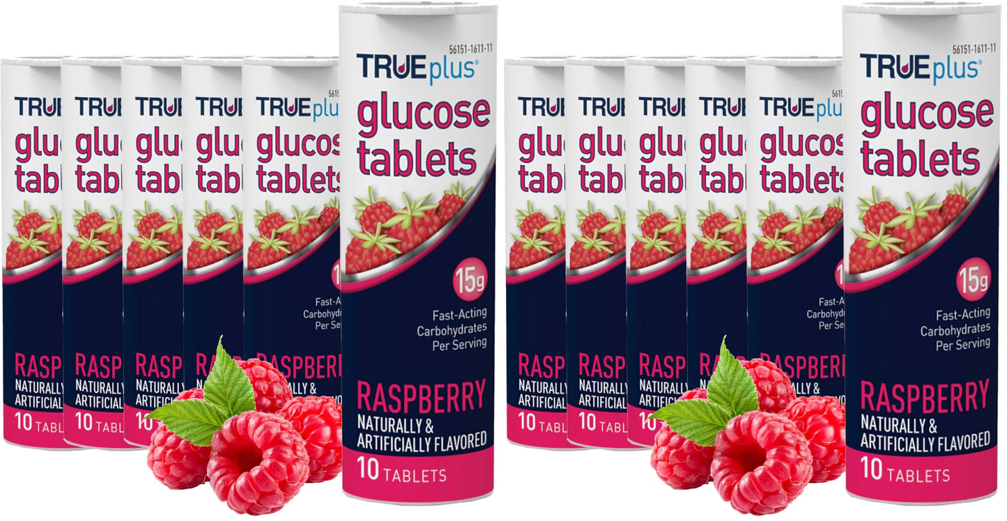 TRUEplus Glucose Tablets, Raspberry Flavor, 10 Count, 6 Tubes | Chewable Tablets, 15g Fast-Acting Carbohydrates, Fat Free, Gluten Free, Boosts Energy, Great Tasting and Easy to Use
