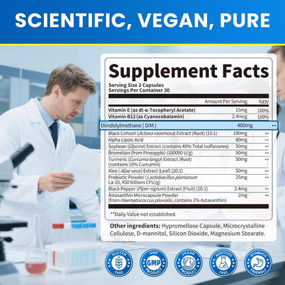 Lukaree DIM Supplement 400MG for Women with Soy Isoflavones, Vegan, 60 Ct. | 12 in 1 Liposomal Dim Capsules, with Black Cohosh & Alpha Lipoic Acid