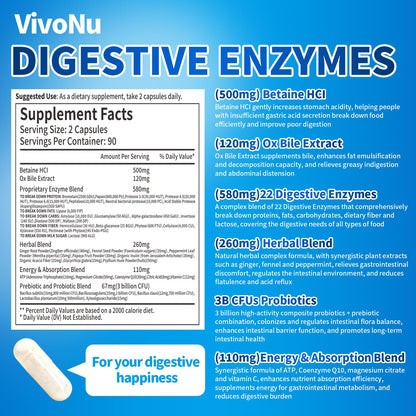 VivoNu Digestive Enzymes | 22 Enzymes with Organic Prebiotics & Probiotics | Supports Digestion* of Protein, Carbs, Fiber & Dairy | 180 Capsules