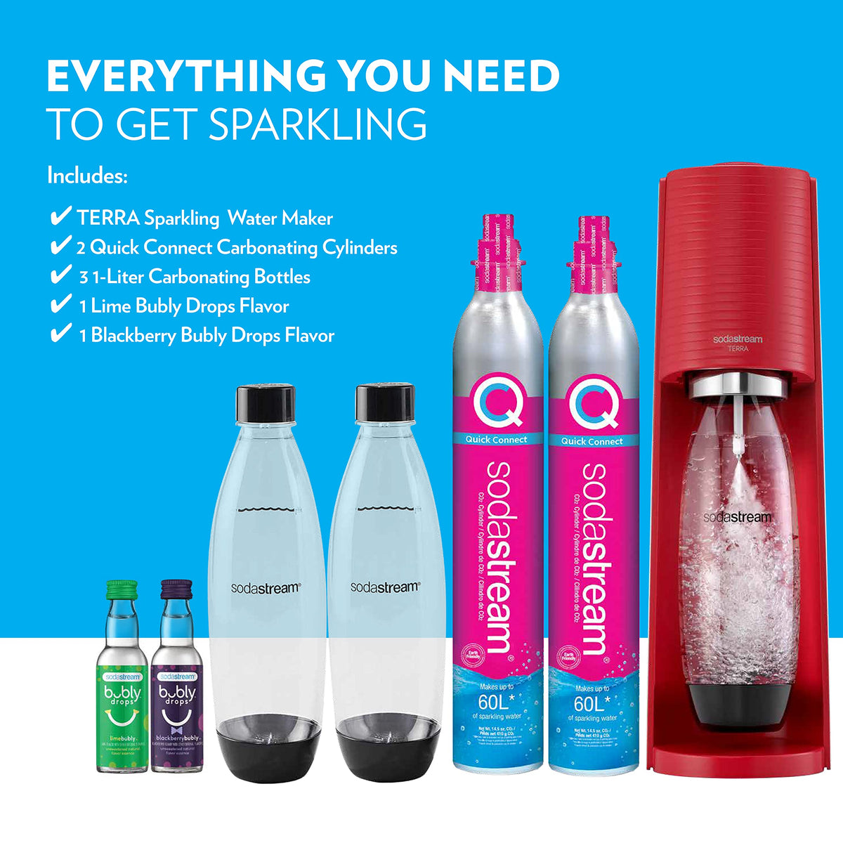 SodaStream Terra Sparkling Water Maker Bundle (Red), with CO2, DWS Bottles, and Bubly