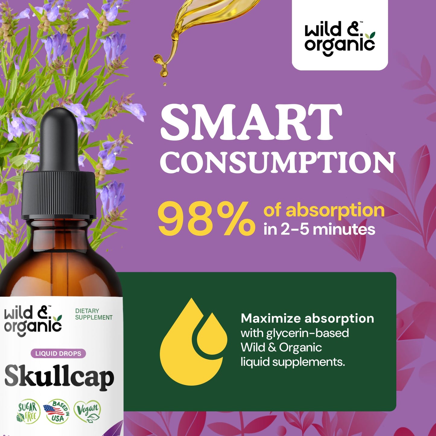 Wild & Organic Skullcap Herb Tincture - Skullcap Supplement for Mood Support - Relaxing Liquid Extract Drops - Vegan, Sugar & Alcohol-Free - 4 fl oz