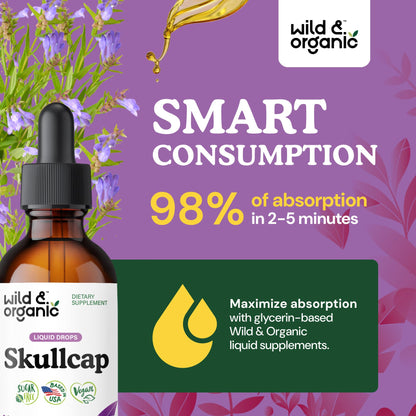 Wild & Organic Skullcap Herb Tincture - Skullcap Supplement for Mood Support - Relaxing Liquid Extract Drops - Vegan, Sugar & Alcohol-Free - 4 fl oz