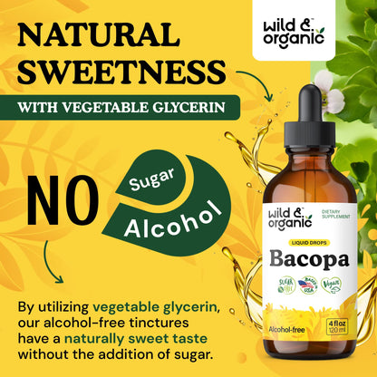 Wild & Organic Bacopa Monnieri Supplement - Brain & Focus Support - Bacopa Extract Liquid Drops - Brahmi Herb Tincture to Add to Tea - 5-Month Supply - Vegan, Sugar & Alcohol-Free - 4 fl oz