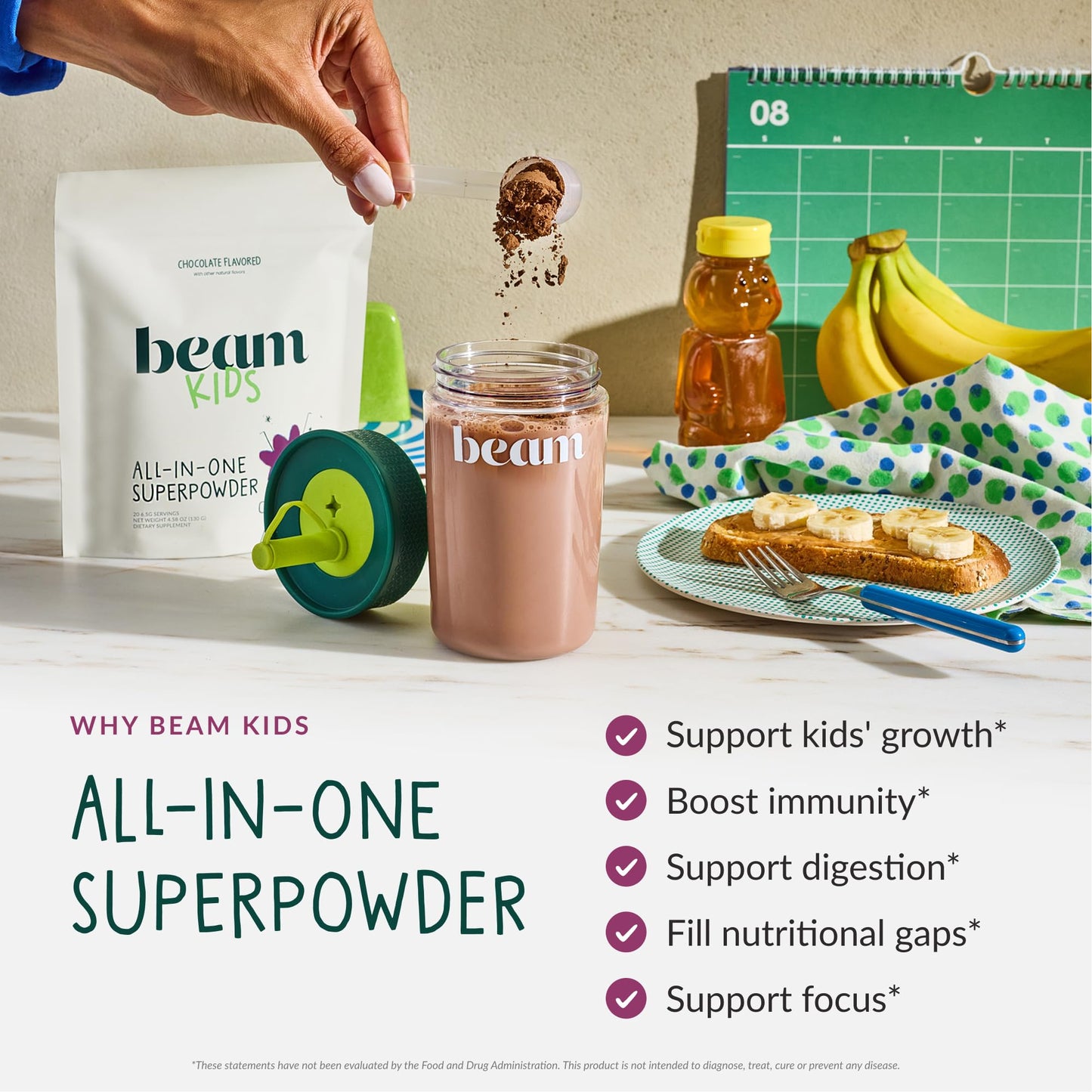 BEAM Kids Multivitamin Powder – Kids Vitamins with Greens, Probiotic & Prebiotic, Immune Support for Children & Toddlers, No Artificial Sweeteners, for Picky Eaters, 20 Servings, Chocolate Flavor