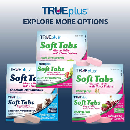 TRUEplus Soft Tabs Glucose Tablets, Cherry Pop Flavor, 4 Count, 12 Packs | Chewable Tablets, 16g Fast-Acting Carbohydrates, Fat Free, Gluten Free, Boosts Energy, Great Tasting and Easy to Use