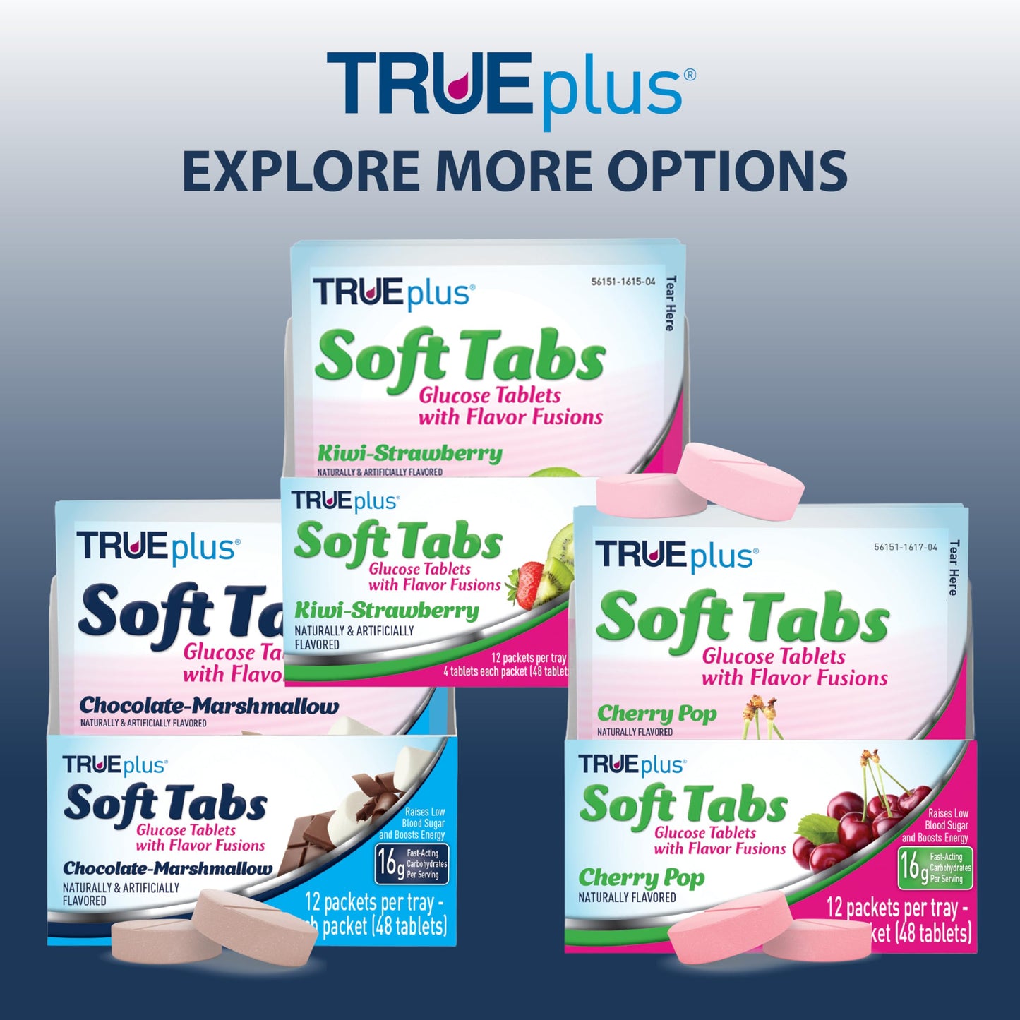 TRUEplus Soft Tabs Glucose Tablets, Cherry Pop Flavor, 4 Count, 12 Packs | Chewable Tablets, 16g Fast-Acting Carbohydrates, Fat Free, Gluten Free, Boosts Energy, Great Tasting and Easy to Use