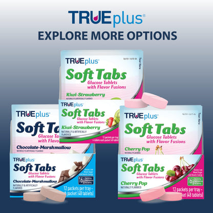 TRUEplus Soft Tabs Glucose Tablets, Cherry Pop Flavor, 4 Count, 12 Packs | Chewable Tablets, 16g Fast-Acting Carbohydrates, Fat Free, Gluten Free, Boosts Energy, Great Tasting and Easy to Use