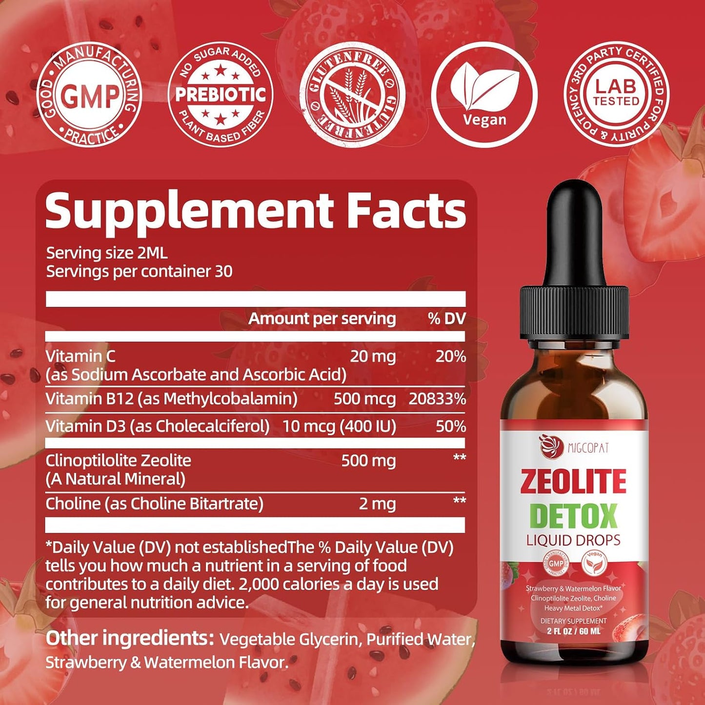 Zeolite Detox Liquid Drops with B12, D3 & Vitamin C – Pure Body Cleanse Support for Heavy Metals, Natural Zeolite Formula, Strawberry Watermelon Flavor, 60ml