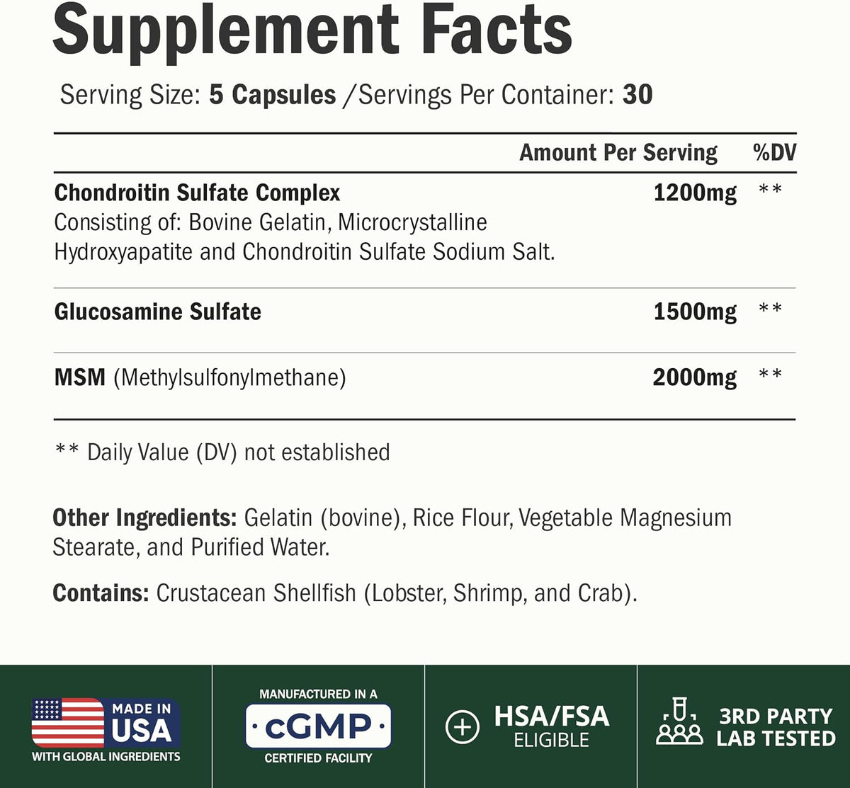 Glucosamine Chondroitin MSM – Potent 2000mg MSM for Joint Support –150 Caps