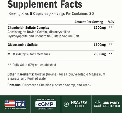 Glucosamine Chondroitin MSM – Potent 2000mg MSM for Joint Support –150 Caps