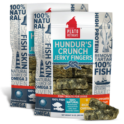 PLATO Pet Treats Fish Dog Treats - Air-Dried, Single Ingredient Dog Treat - with Omega 3 & 6 Fatty Acids to Support Skin and Coat - Cod Fish Skin - Hundur’s Crunch Jerky Mini - 10 oz - 2 Pack