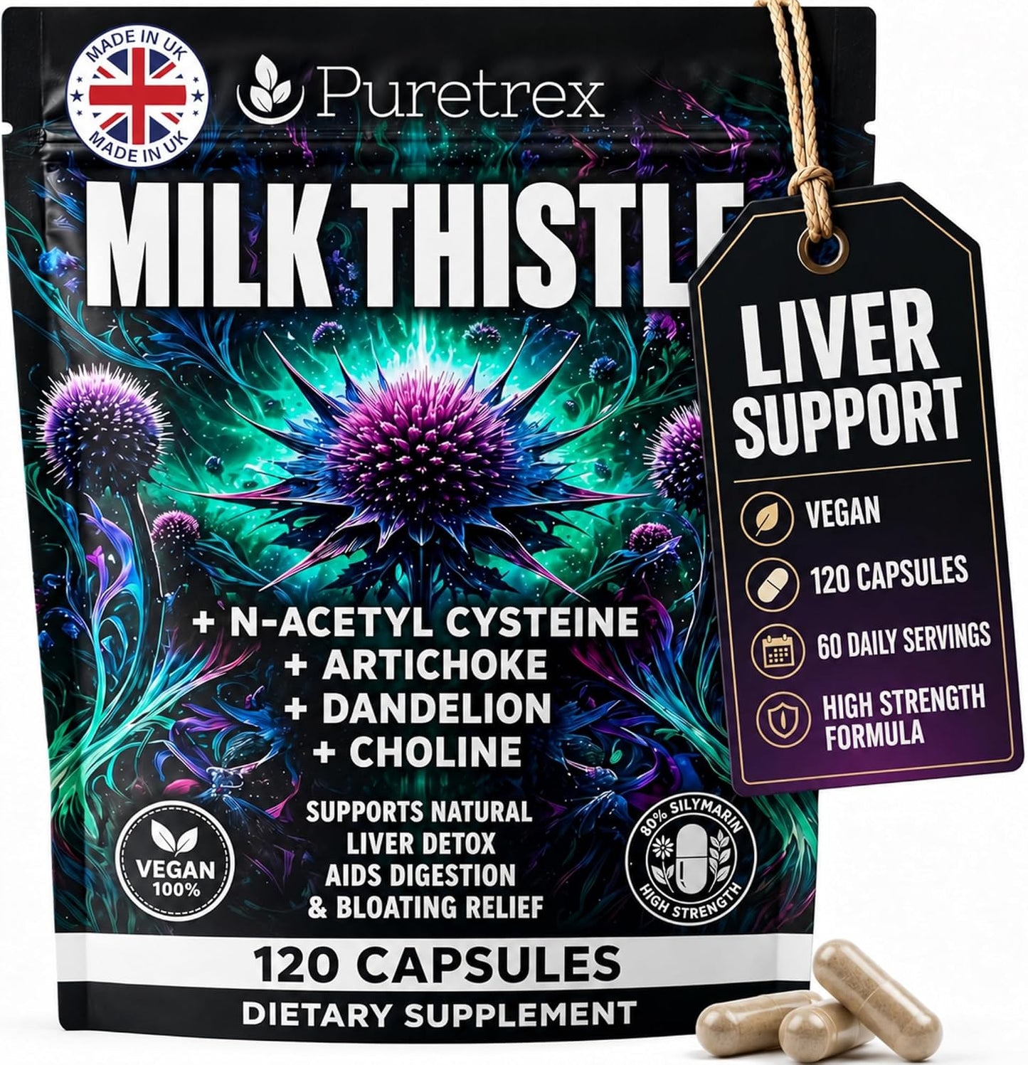 Milk Thistle Supplement - 120 Vegan Capsules, Advanced Liver Support Complex with NAC, Artichoke, Dandelion, Choline, Turmeric & BioPerine, Liver Detox, Cleanse, Bloating Relief & Digestion