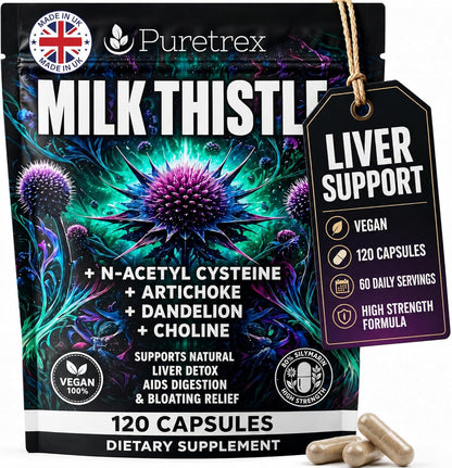 Milk Thistle Supplement - 120 Vegan Capsules, Advanced Liver Support Complex with NAC, Artichoke, Dandelion, Choline, Turmeric & BioPerine, Liver Detox, Cleanse, Bloating Relief & Digestion