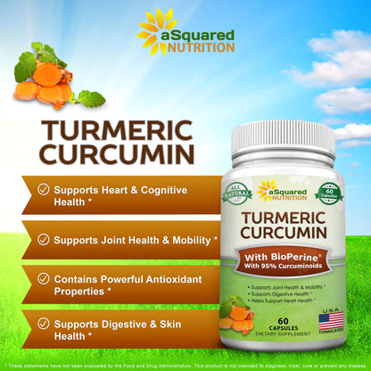aSquared Nutrition Turmeric Curcumin 1300mg with BioPerine Black Pepper Extract - 180 Capsules - with 95% Curcuminoids, 100% Natural Tumeric Root Powder Supplements, Pure & Joint Stiffness Pills