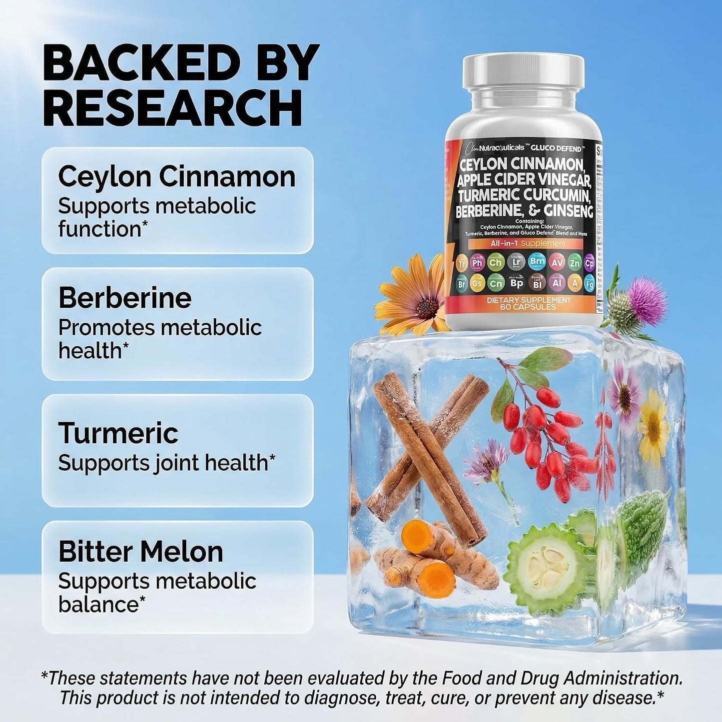 Clean Nutraceuticals Ceylon Cinnamon Capsules + Berberine Turmeric Apple Cider Vinegar Ginseng Bitter Melon (Karela) Gymnema Milk Thistle Fenugreek Supplement Pills Powder for Men & Women