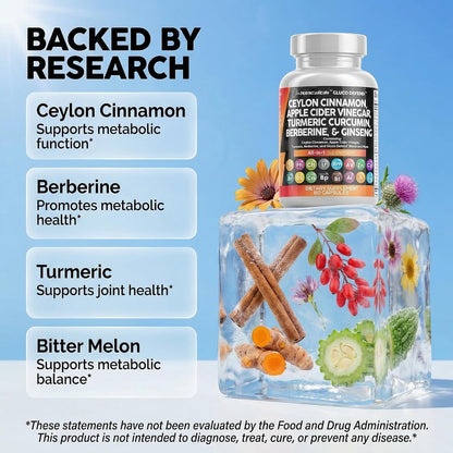 Clean Nutraceuticals Ceylon Cinnamon Capsules + Berberine Turmeric Apple Cider Vinegar Ginseng Bitter Melon (Karela) Gymnema Milk Thistle Fenugreek Supplement Pills Powder for Men & Women