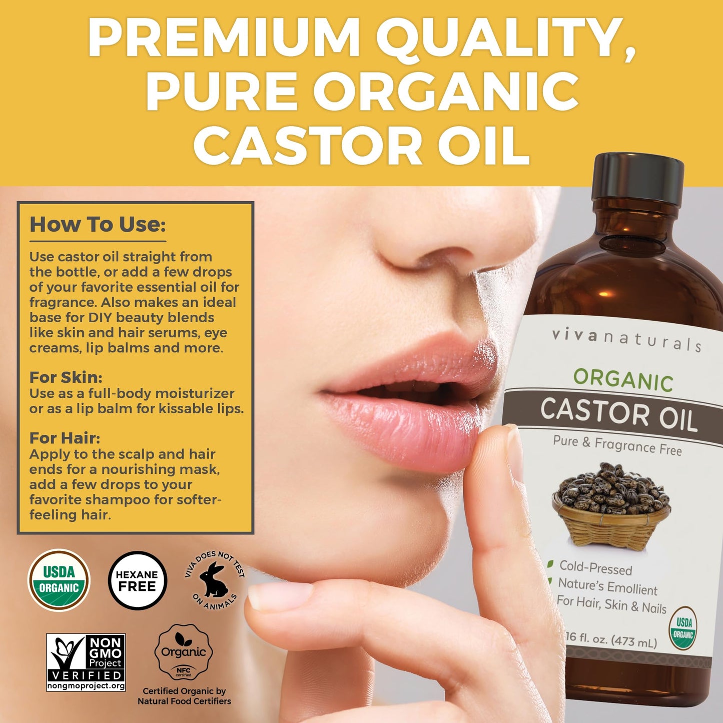 Viva Naturals Organic Castor Oil, Cold-Pressed, 16 fl oz – For Face, Hair, Eyelashes, USDA Organic, Non-GMO - With Beauty Kit