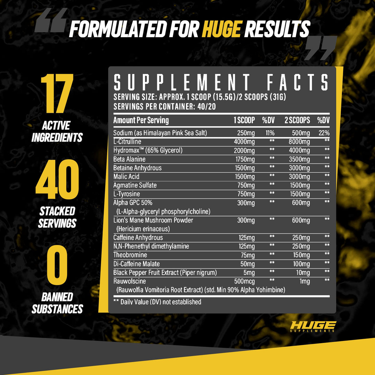 Huge Supplements Wrecked Pre-Workout, 30G+ Ingredients Per Serving to Boost Energy