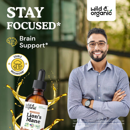 Wild & Organic Lions Mane Liquid Drops - Brain & Focus Support - Lion's Mane Mushroom Supplement - Hericium Erinaceus Mushroom Drops - Mix with Powder - Sugar & Alcohol-Free Extract Tincture - 4 oz
