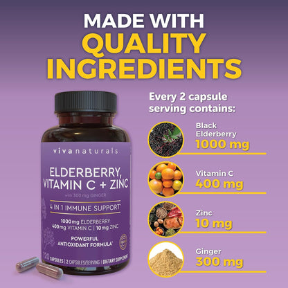 Viva Naturals Elderberry with Vitamin C and Zinc, 120 Capsules - 1000mg Sambucus Elderberry per Serving Immune Support Supplement, Black Elderberry Capsules for Adults, Elderberry Vitamins